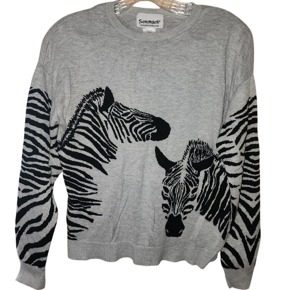 Serengeti Gray Black Crew Neck Pullover Zebra Knit Sweater Size Small